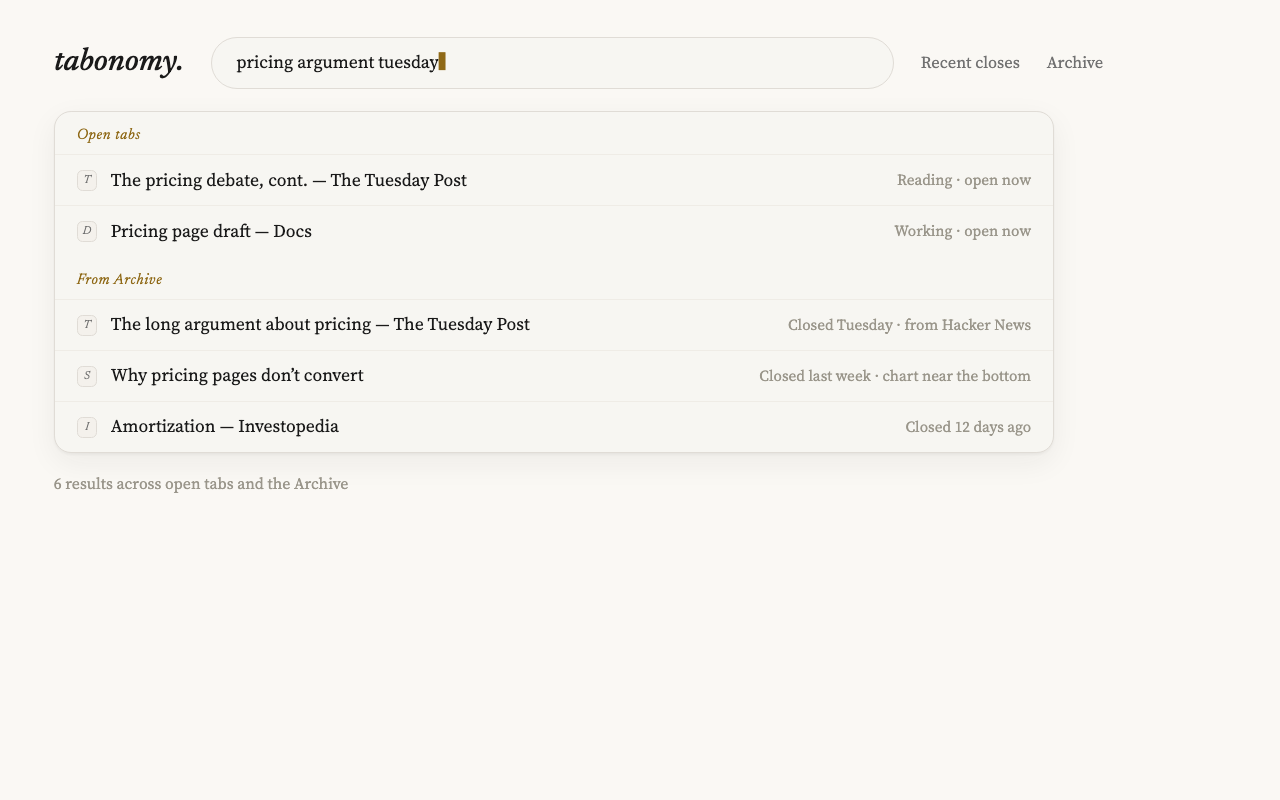 A real Tabonomy search returning both currently open tabs and a From Archive section containing a tab that was closed earlier.