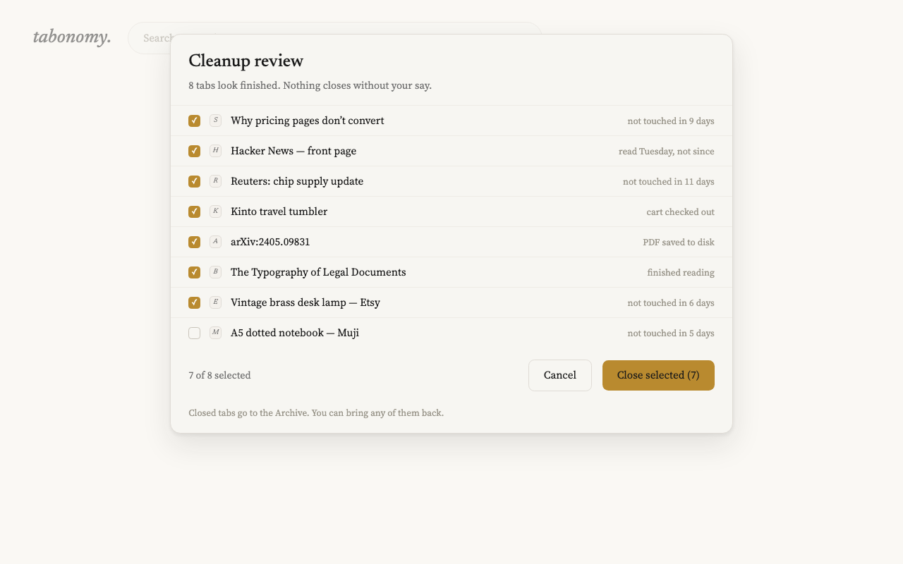 A real Tabonomy cleanup review sheet listing eight tabs proposed for closing, each with its own checkbox so nothing closes without confirmation.